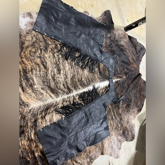 Black Leather Fringe motorcycle biker chaps braided XS - Picture 3 of 8